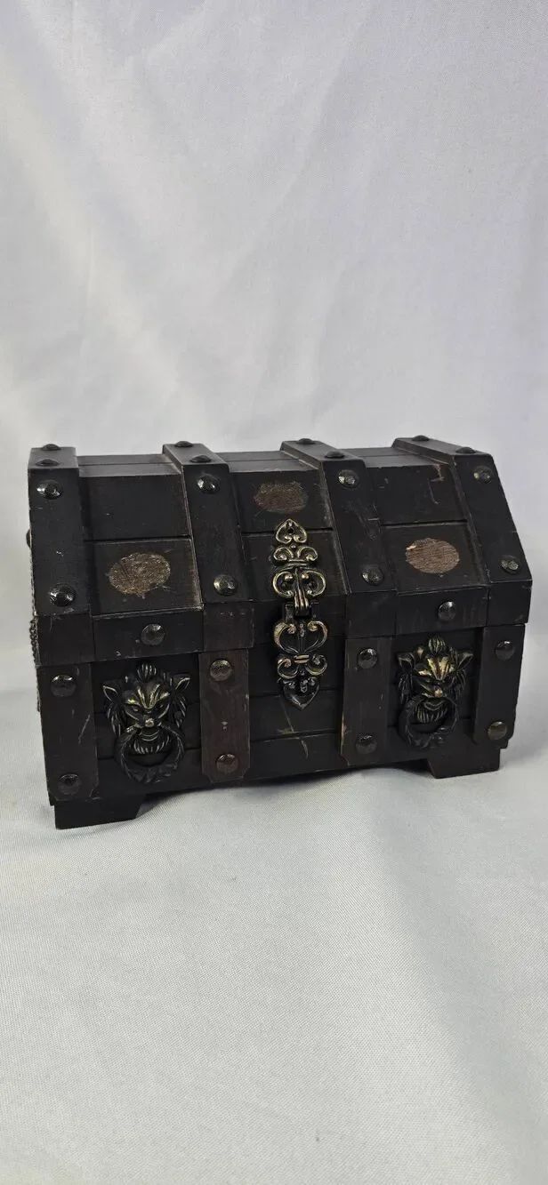 Mid Century Wood Chest Jewelry Box Made In Japan Lions Heads Gothic